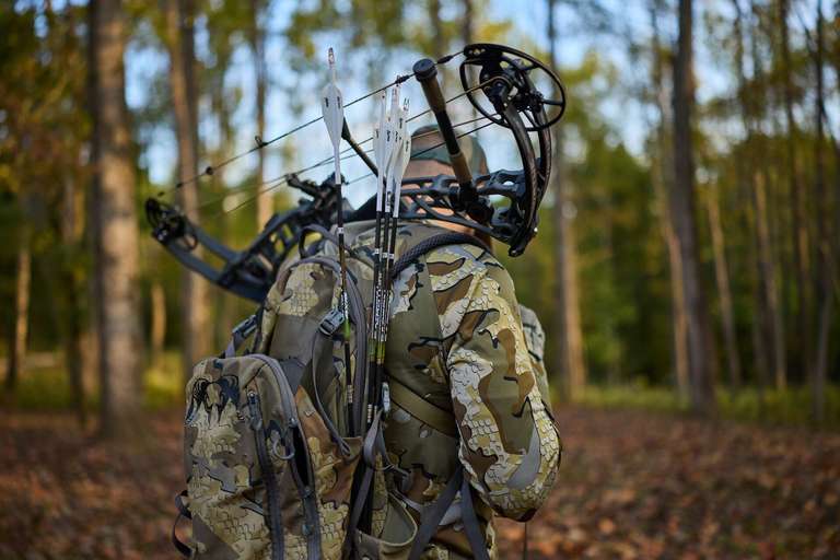 Back view of hunter with bow, how to start bow hunting concept.