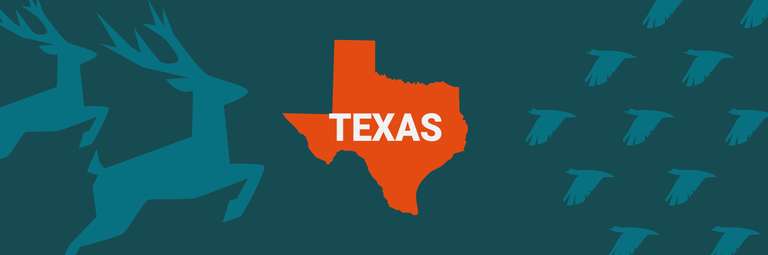 Image of the State of Texas on blue background, take the Texas hunters safety course concept.