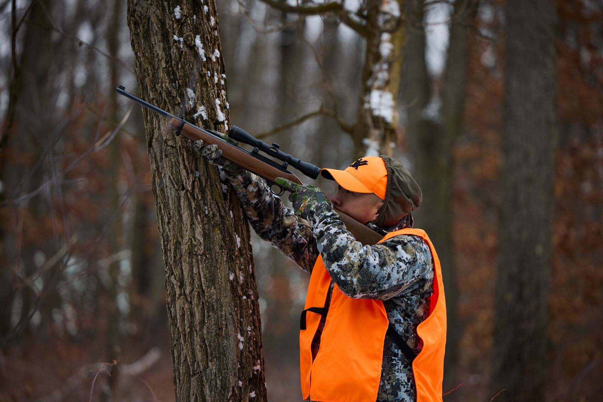 Hunter in blaze orange aims rifle into tree, how long does a license last in California concept.