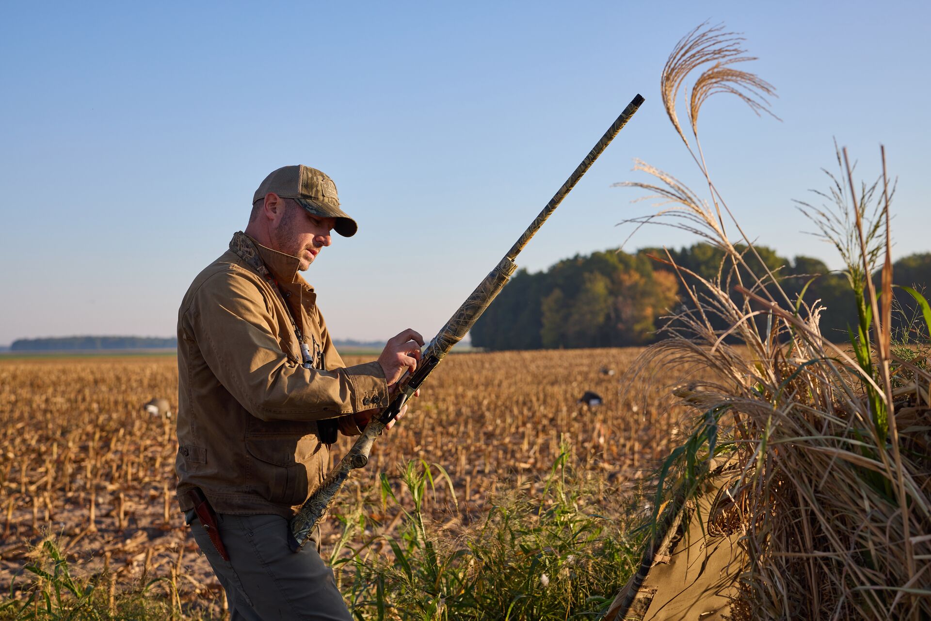 Hunter with shotgun in field, know the Michigan hunter safety requirements concept. 