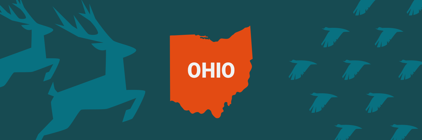Image of Ohio on blue background, get your Ohio hunter safety course concept. 
