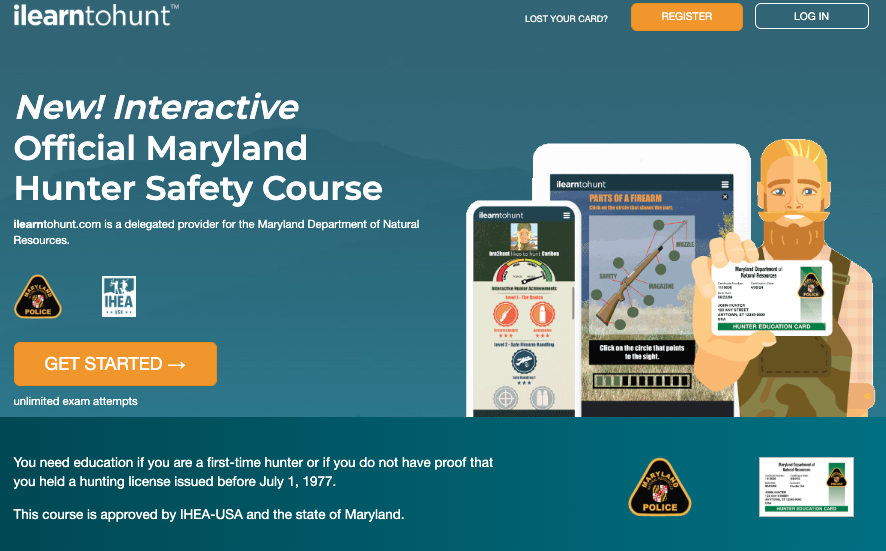 Maryland hunter safety course page through ilearntohunt.