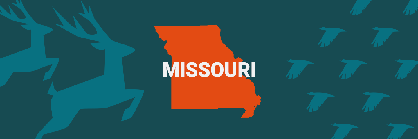 Image of Missouri on blue background, take the Missouri hunter safety course concept. 