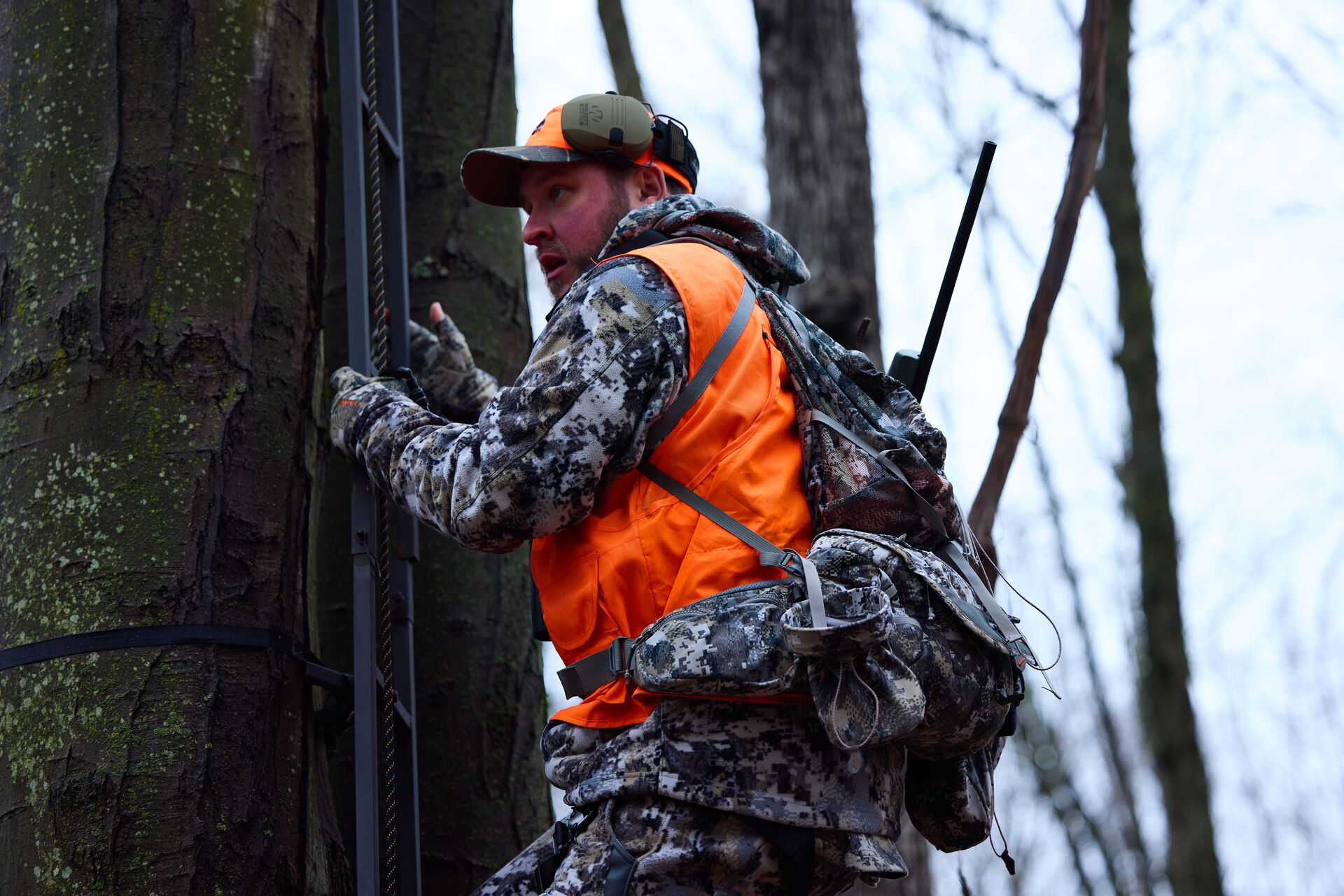 Hunter climbs into a tree stand, take the Arizona hunter education course concept. 