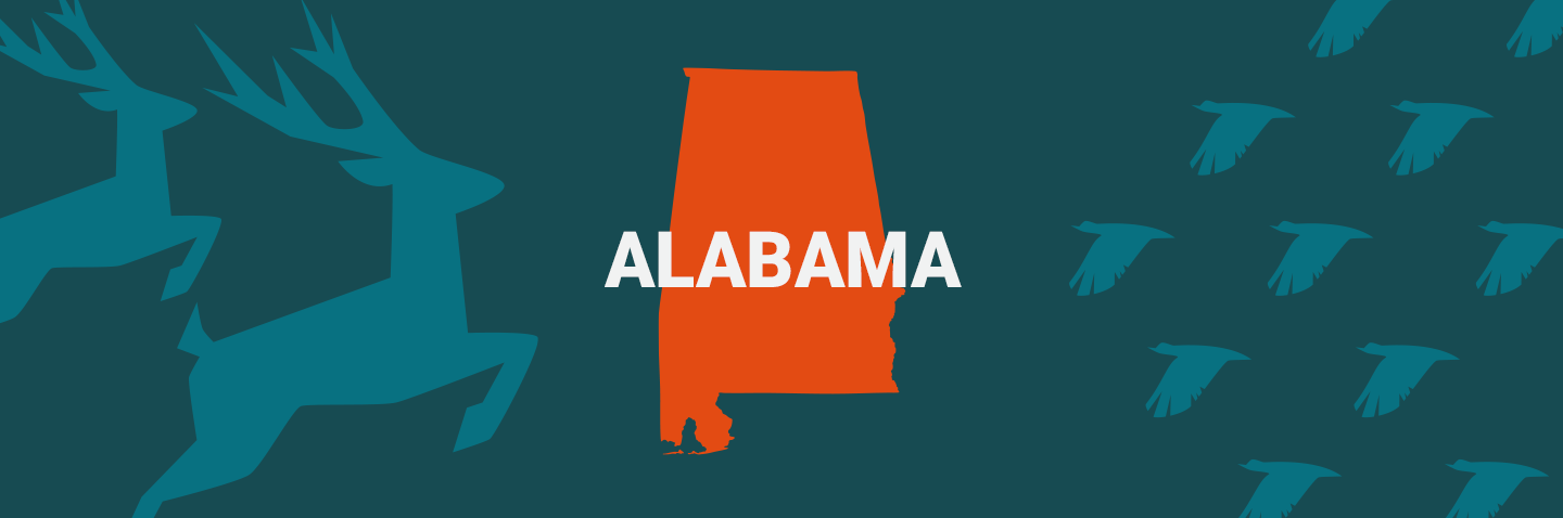 Image of Alabama on blue background, get the hunting permit Alabama requires concept. 