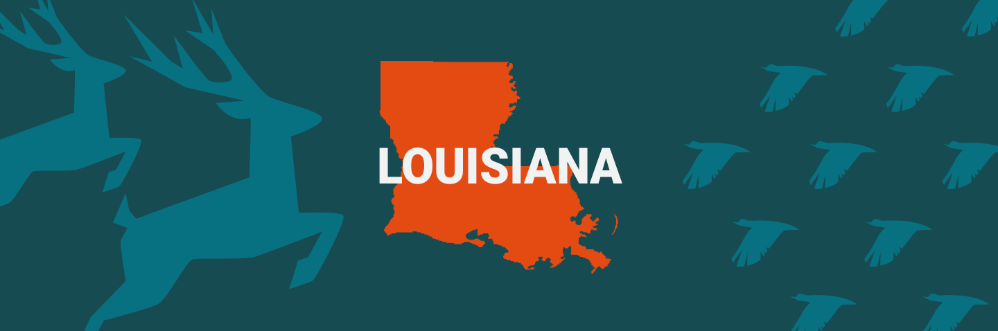 Image of Louisiana on blue background, take the Louisiana hunter safety course concept. 