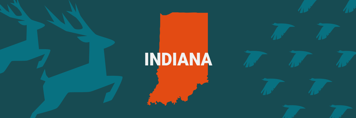 Image of Indiana on blue background, take the Indiana hunter safety course concept. 