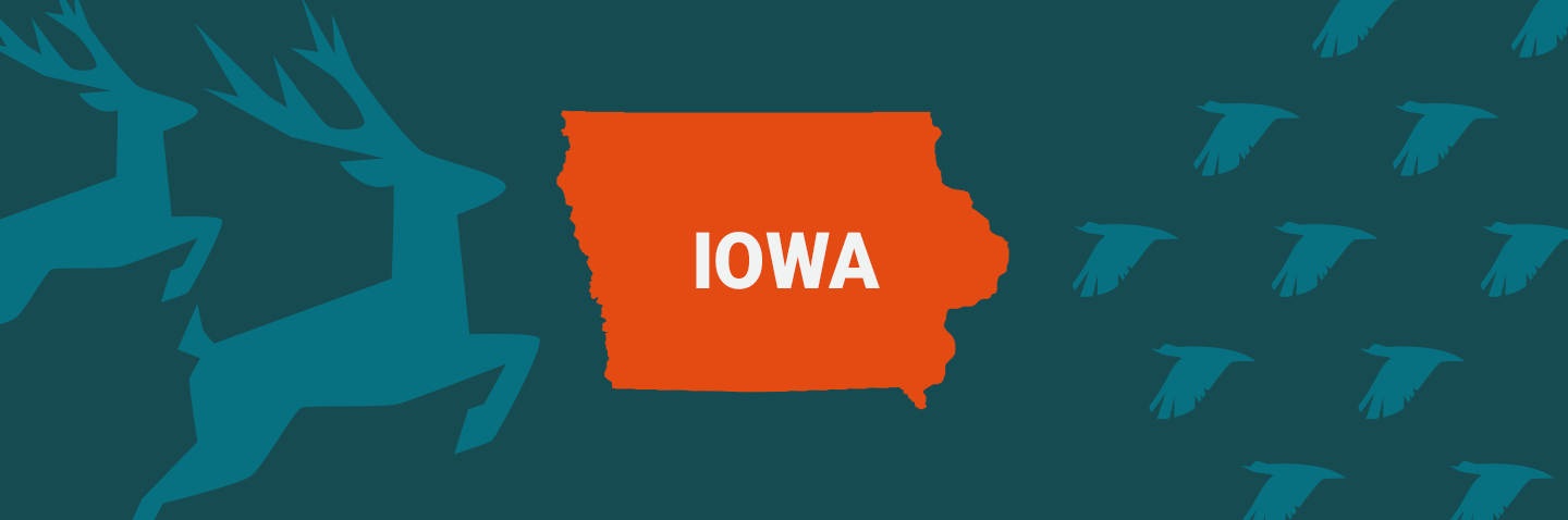 Image of Iowa on blue background, take the Iowa hunter safety course concept. 