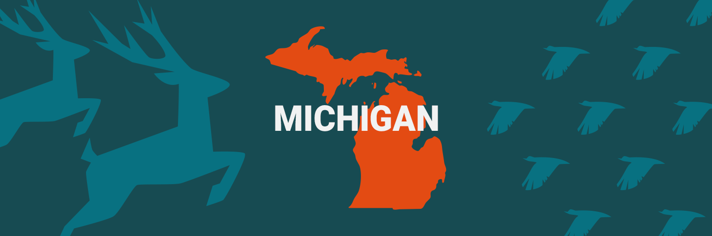 Image of Michigan on blue background, take the Michigan hunters safety course concept. 