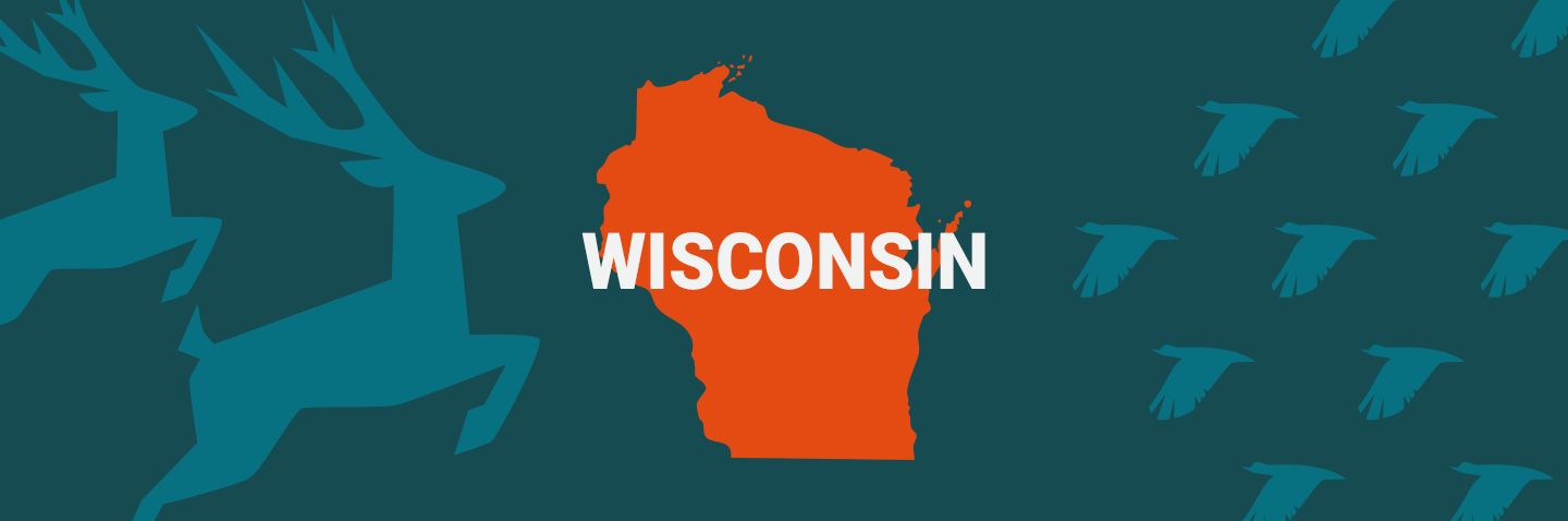 Image of Wisconsin on blue background, take the Wisconsin hunter safety course concept. 