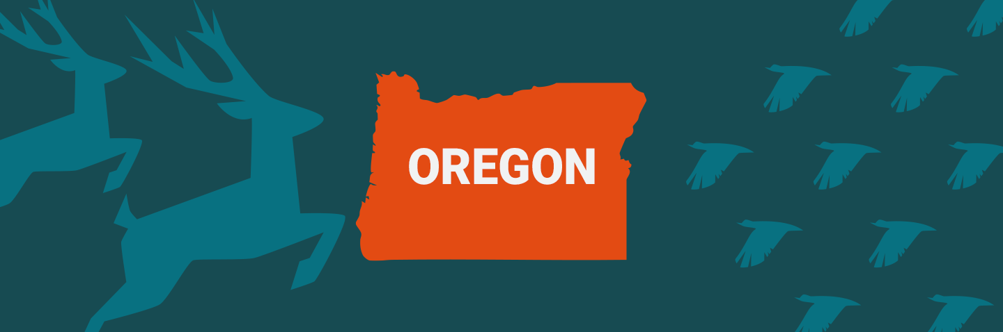 Image of Oregon on blue background, take the hunter safety course Oregon concept. 