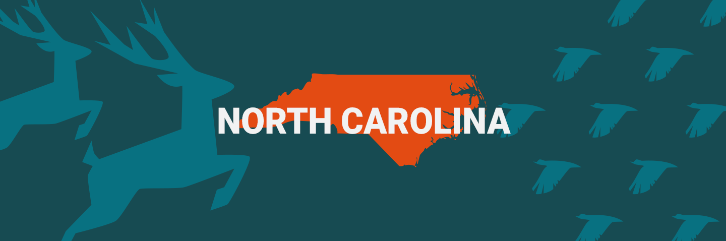 Image of North Carolina on blue background, take the North Carolina hunters ed course concept. 