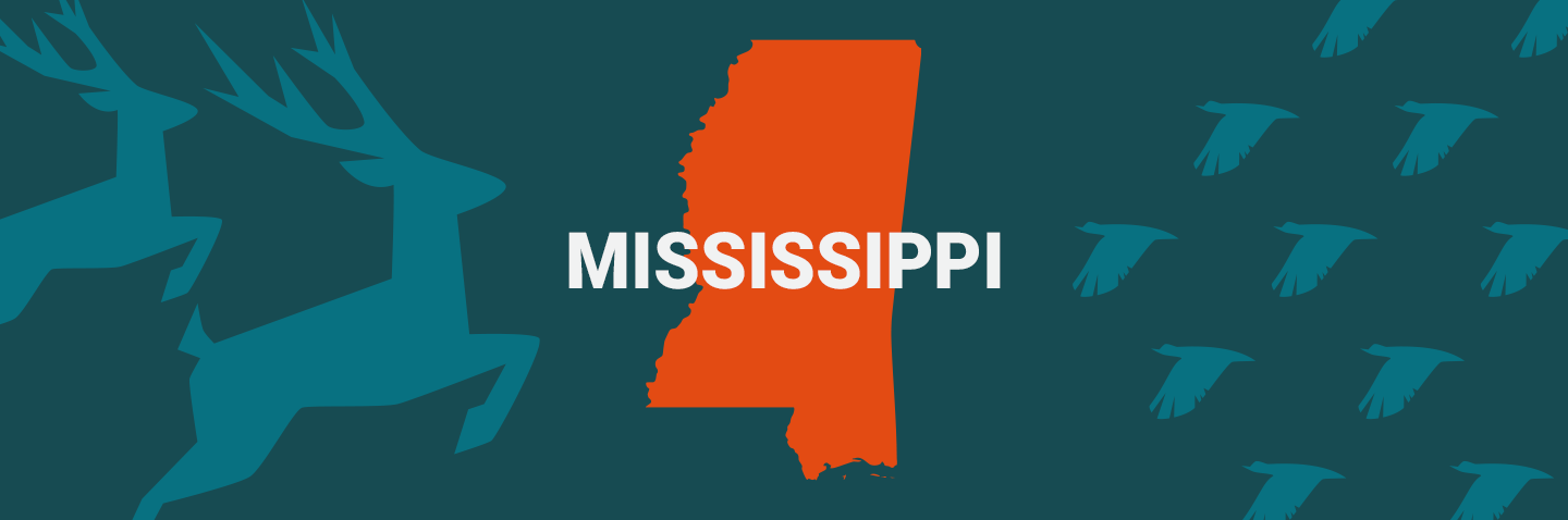 Image of Mississippi on blue background, take the hunter education course Mississippi requires concept. 