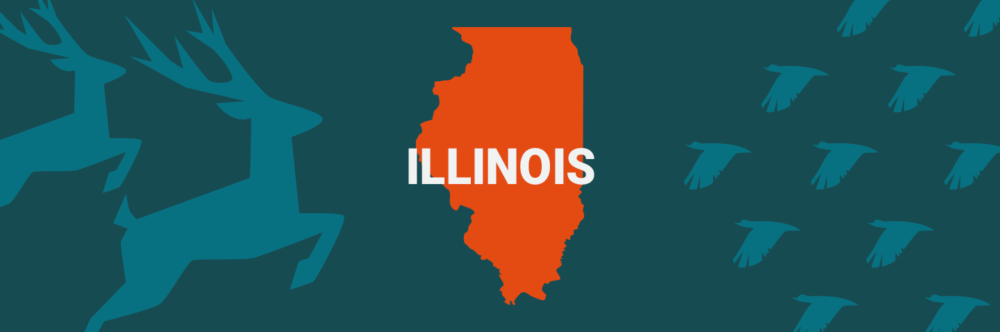 Image of Illinois on blue background, take the Illinois hunter safety course requires concept. 