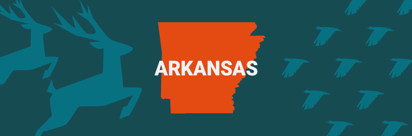 Image of Arkansas on blue background, take the Arkansas hunters education course concept. 