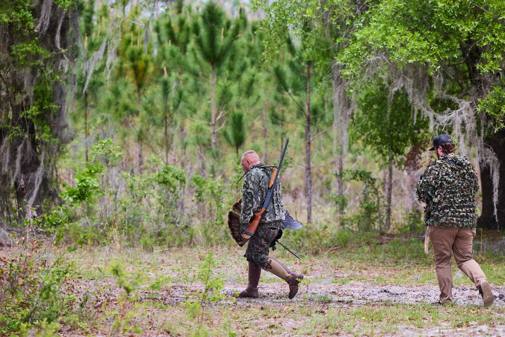 Two hunters in the woods with firearms and decoys, Virginia apprentice hunting license concept. 