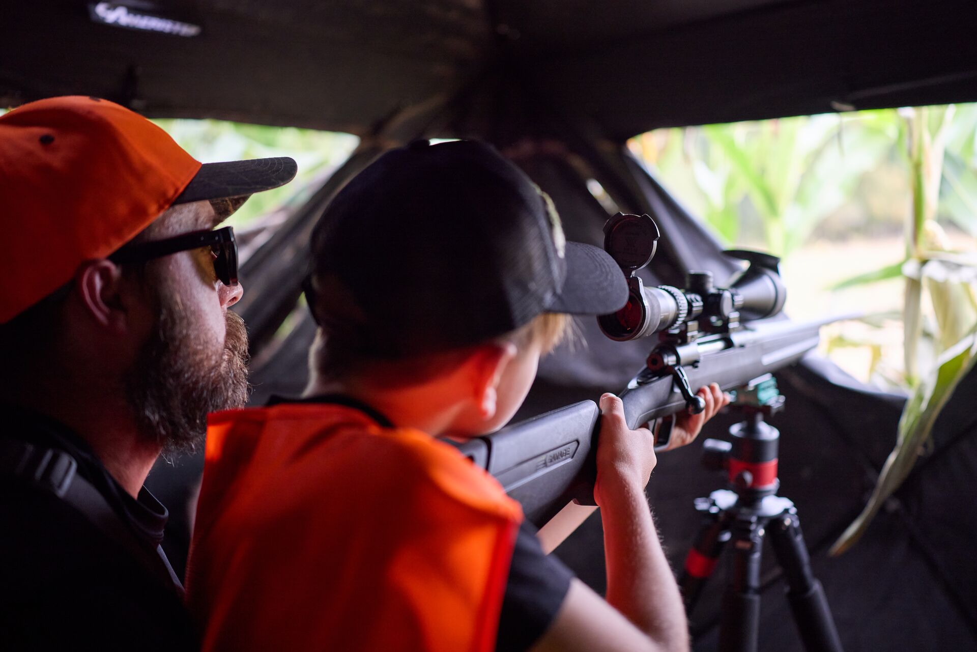 Man and boy aim firearm in hunting blind. 