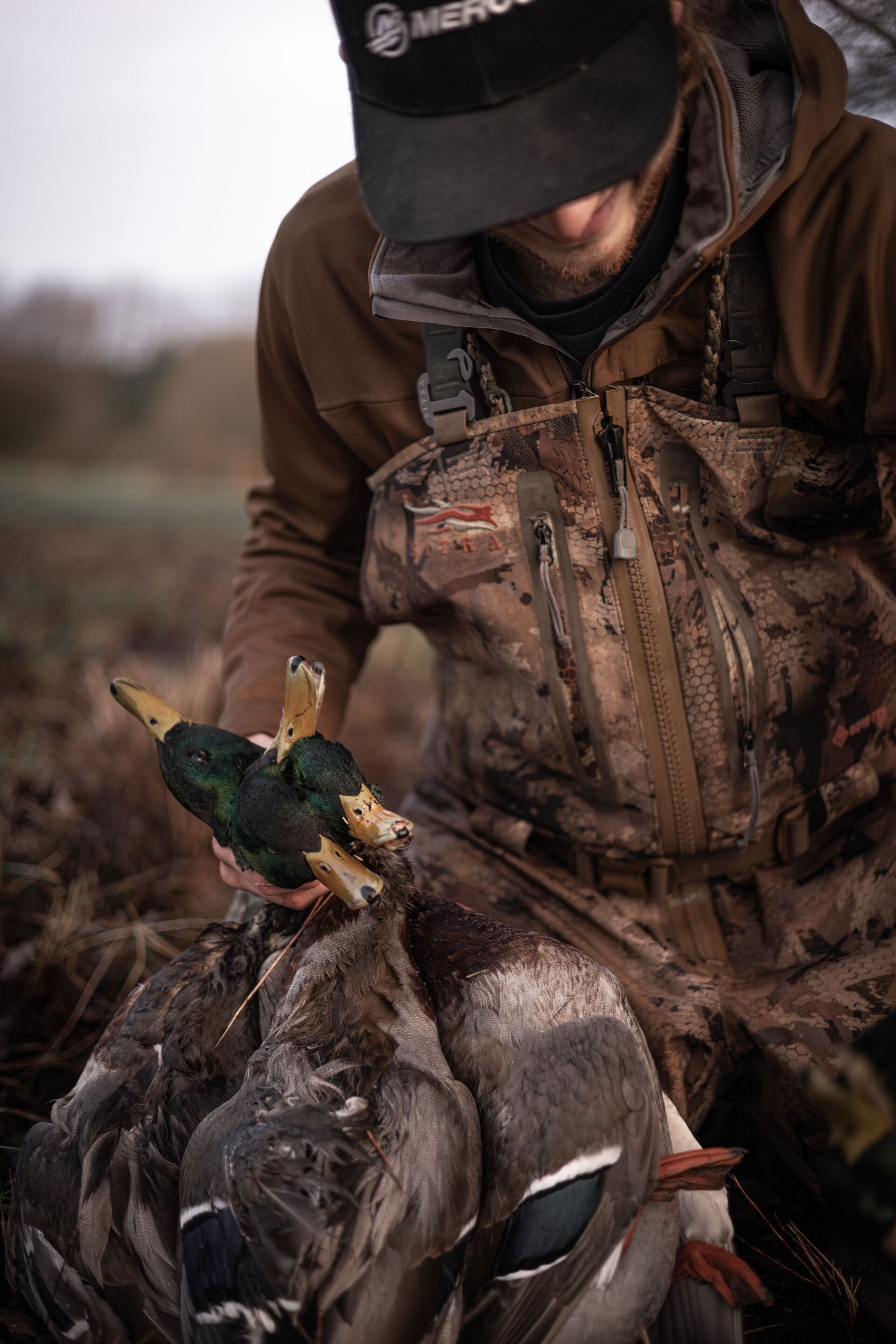 Hunter holding ducks taken during hunt, take an online hunter safety course concept. 