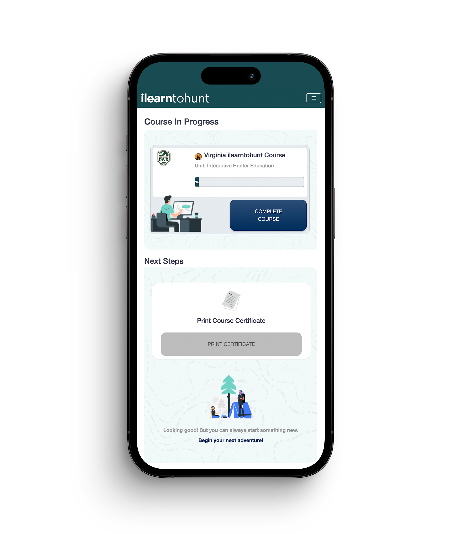 ilearntohunt course shown on phone screen, online hunter education course concept.