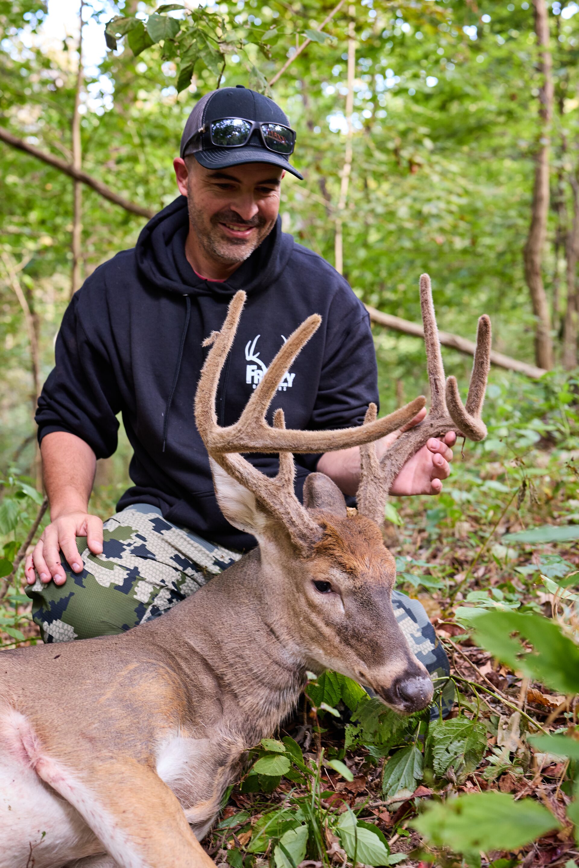 Hunter with buck deer velvet antlers after hunt, hunter safety certificate for fall season concept.