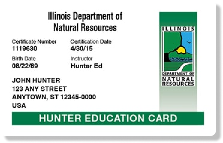 Illustration of the Illinois hunter education card, how long does the Illinois hunter safety course take concept. 
