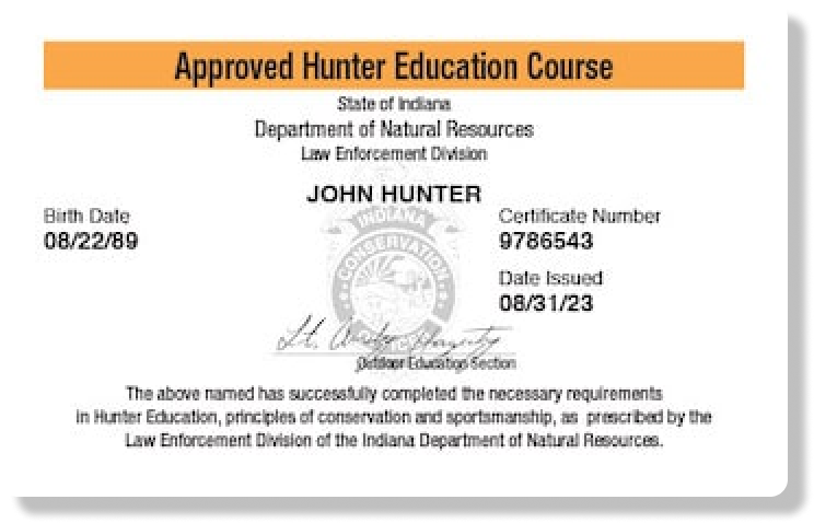 Illustrated Indiana hunter education card, how long does the Indiana hunter safety course take concept.