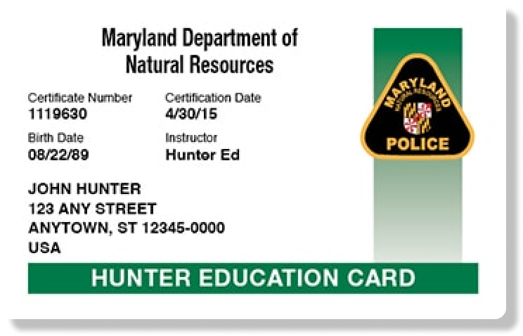 Illustration of the Maryland hunter education card, how long is the MD hunter safety course concept. 