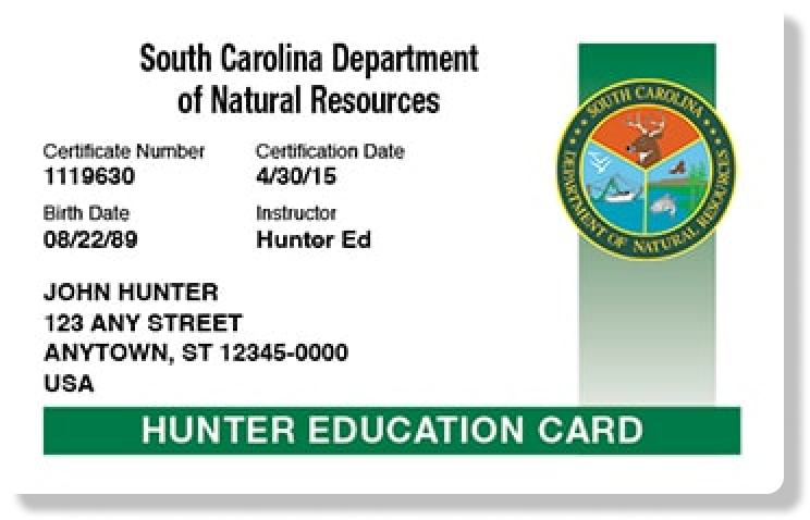 Illustration of the South Carolina hunter education card, get hunter safety certified concept.