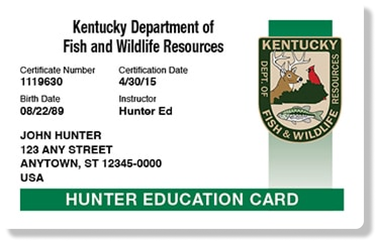Illustration of the Kentucky hunter education card, get hunter safety certified online concept.