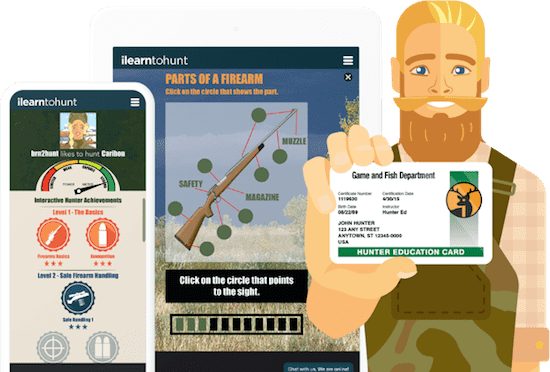 ilearntohunt course character illustration, fastest hunter safety course online concept.