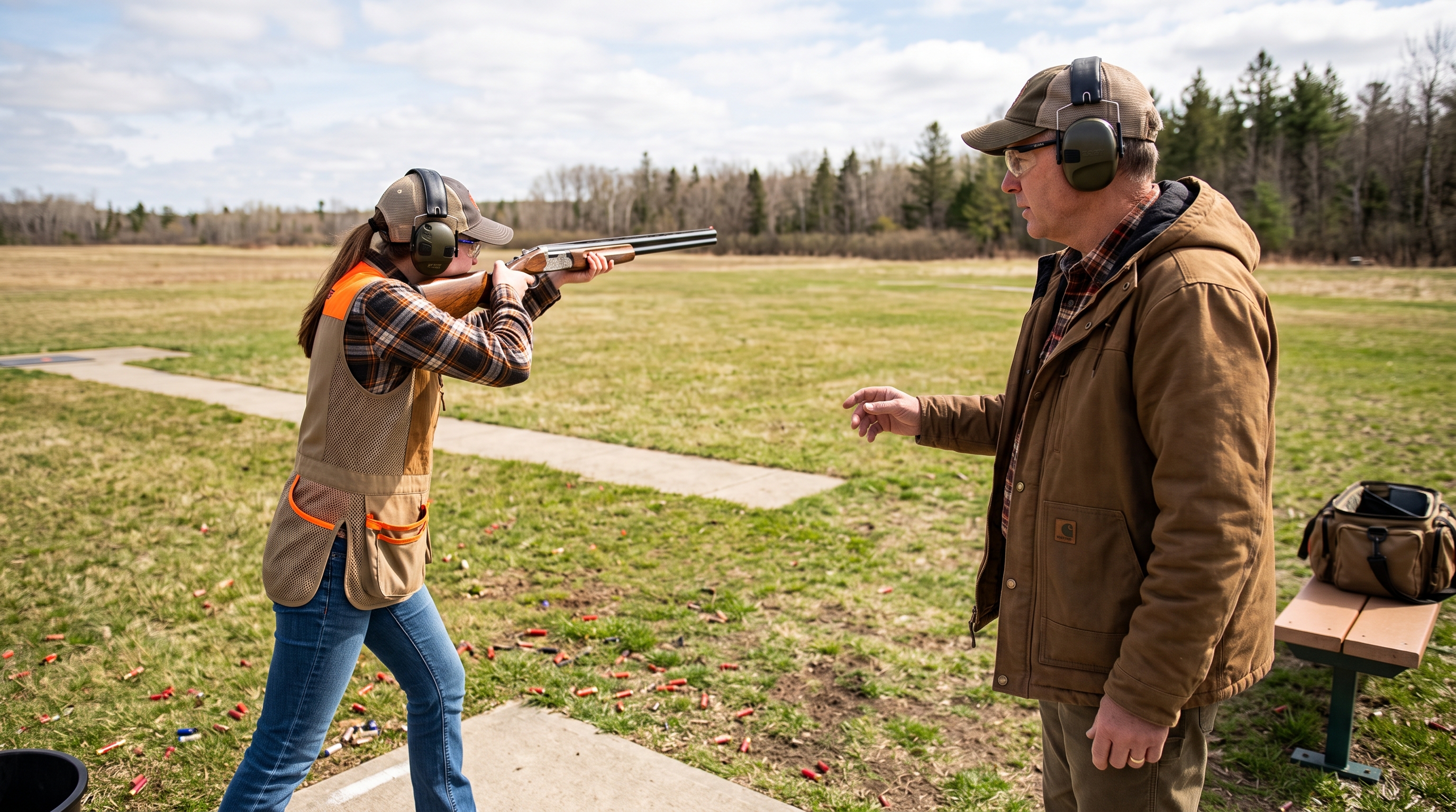 Woman aims rifle near firearms instruction, hunter education field day concept.