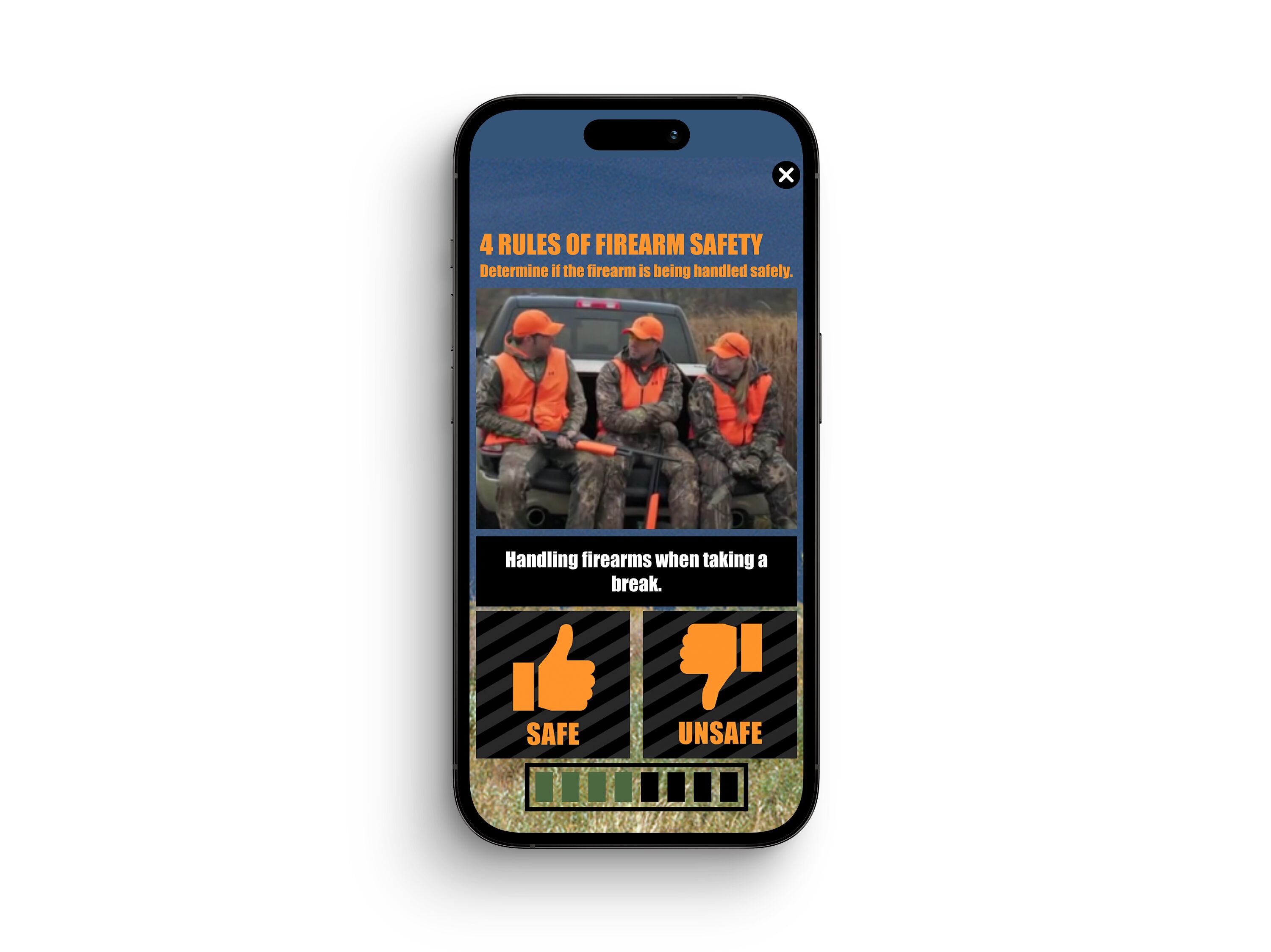 An learntohunt hunter education course on a phone screen, stay safe when hunting with shotguns concept.