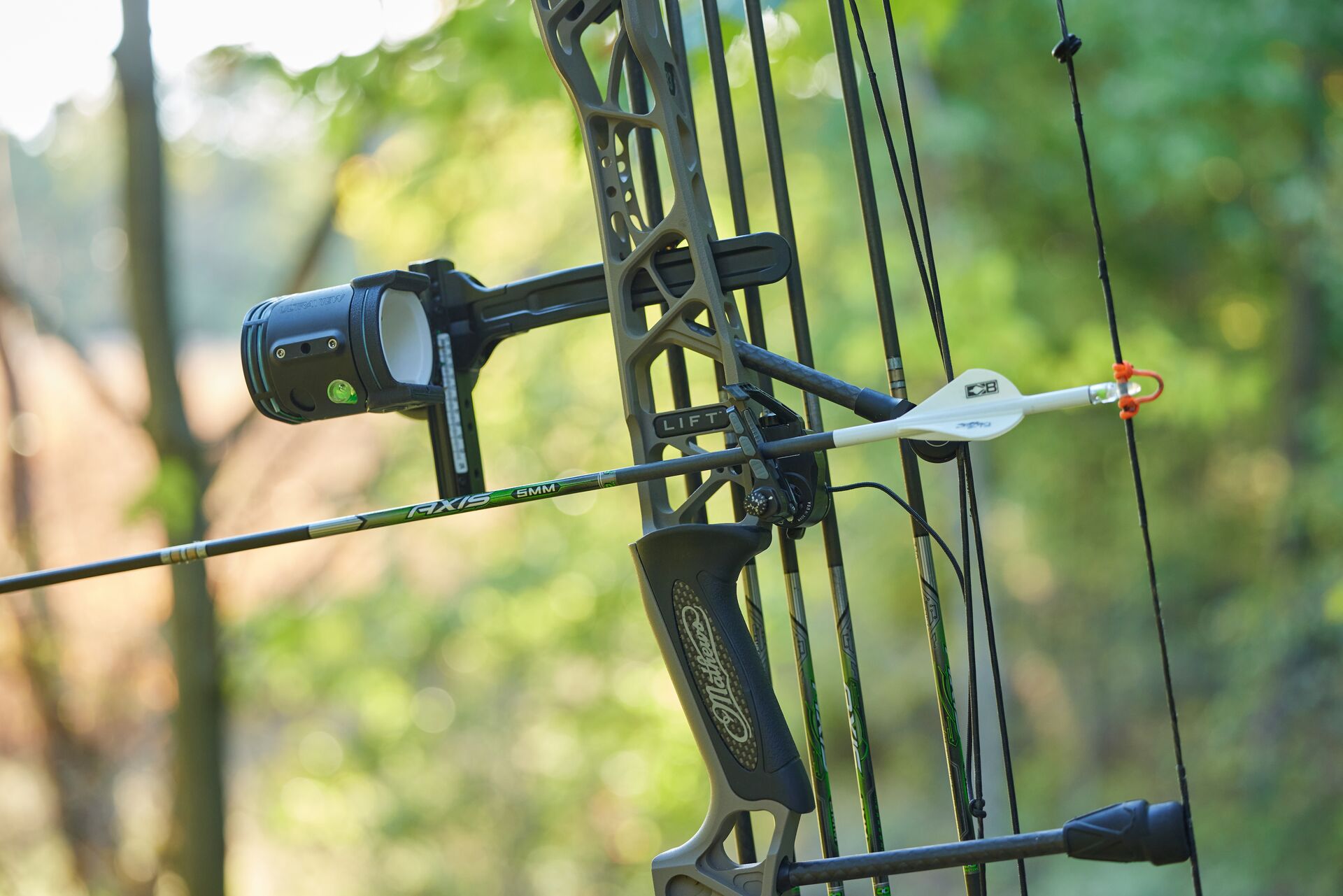 Close-up of a compound bow outside, compound bow for hunting concept.