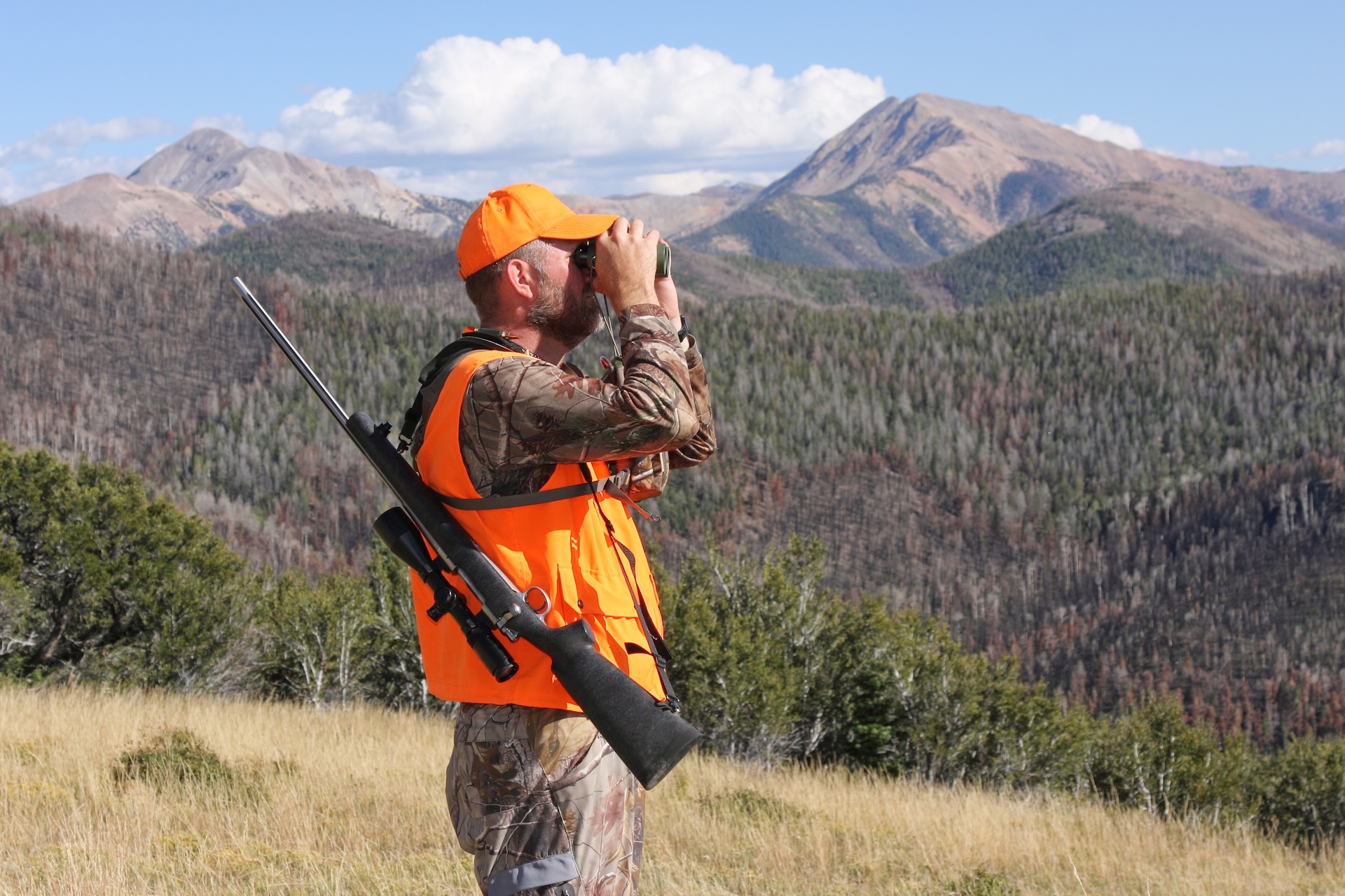 Hunter on a mountain wears blaze orange with a rifle uses binoculars, long range hunting concept.