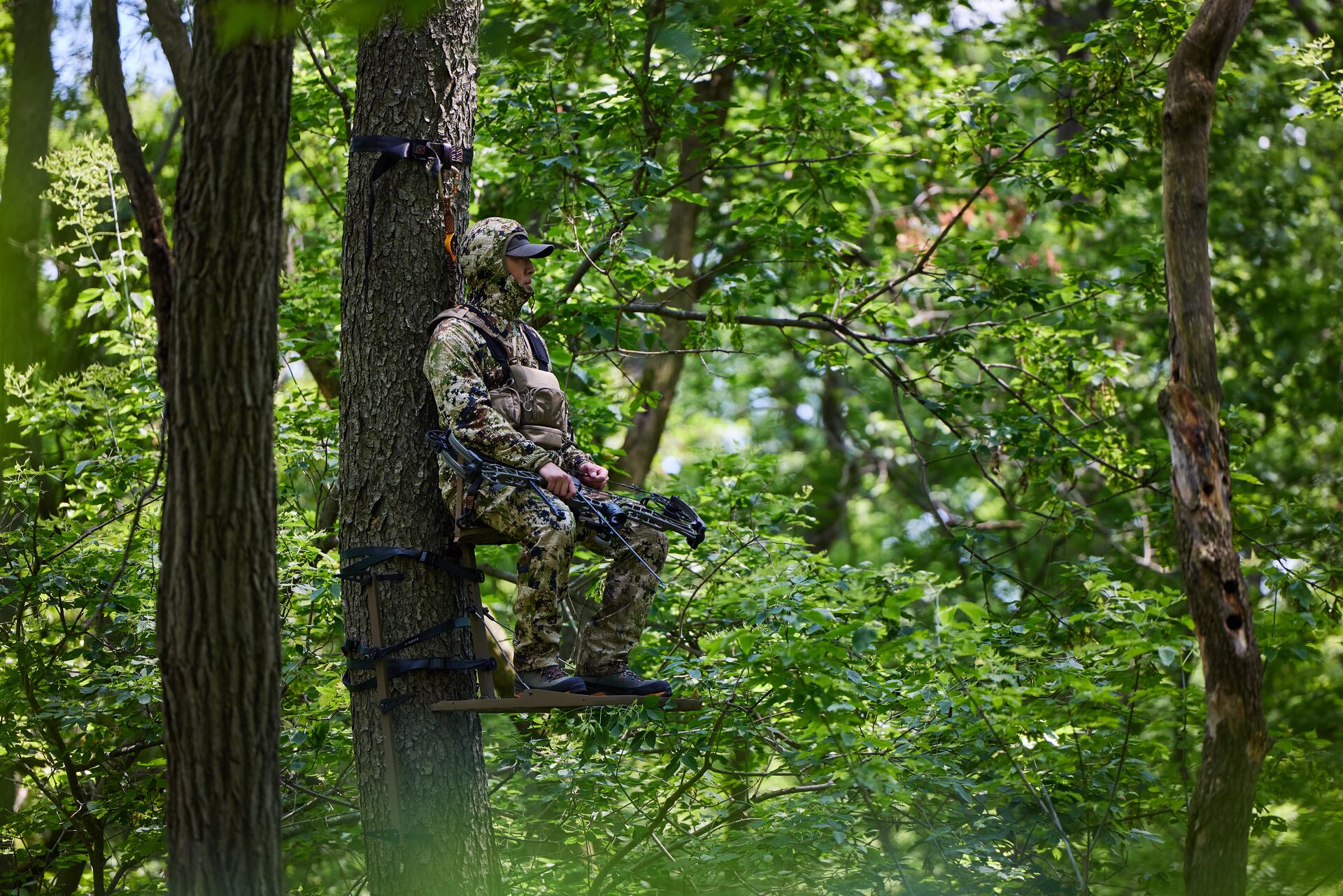 Hunter sitting in tree stand, what should you wear when using a tree stand concept.