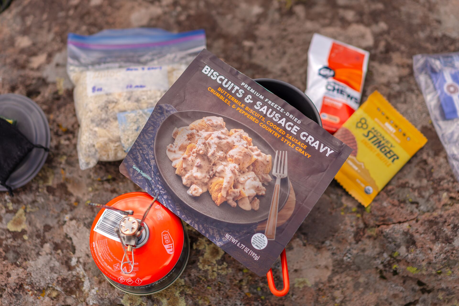 Different types of camp food, outdoor survival items.