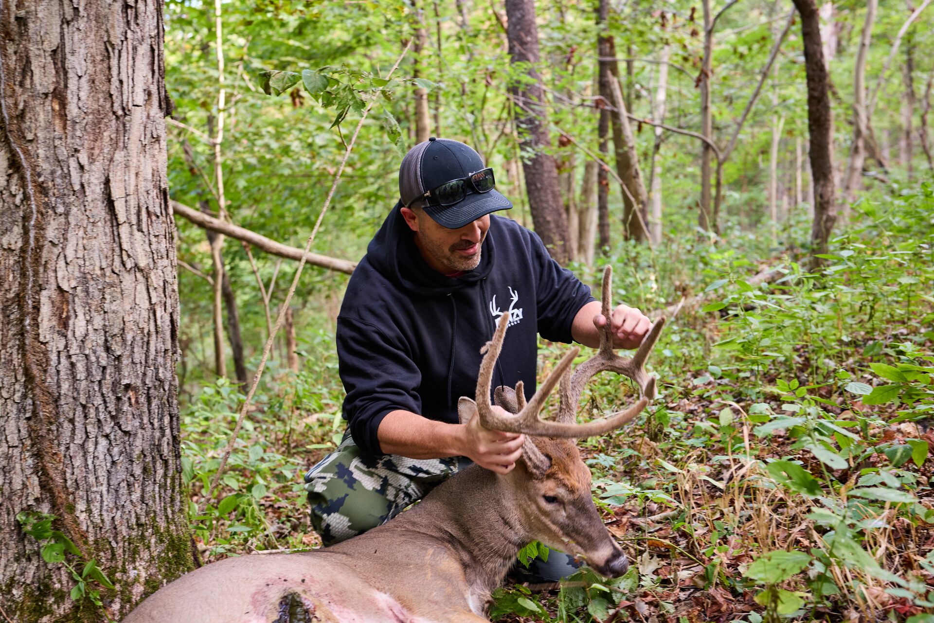 Hunter with downed buck in woods, how long to wait after shooting a deer concept.