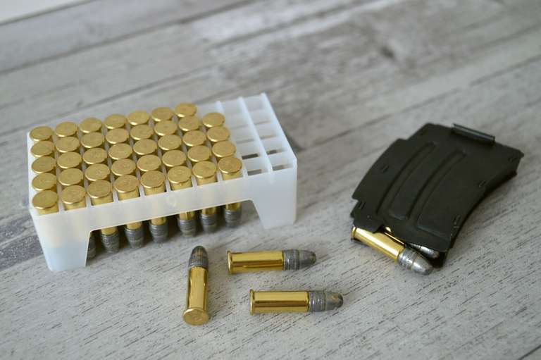 Multiple rounds of rimfire ammunition on a table.