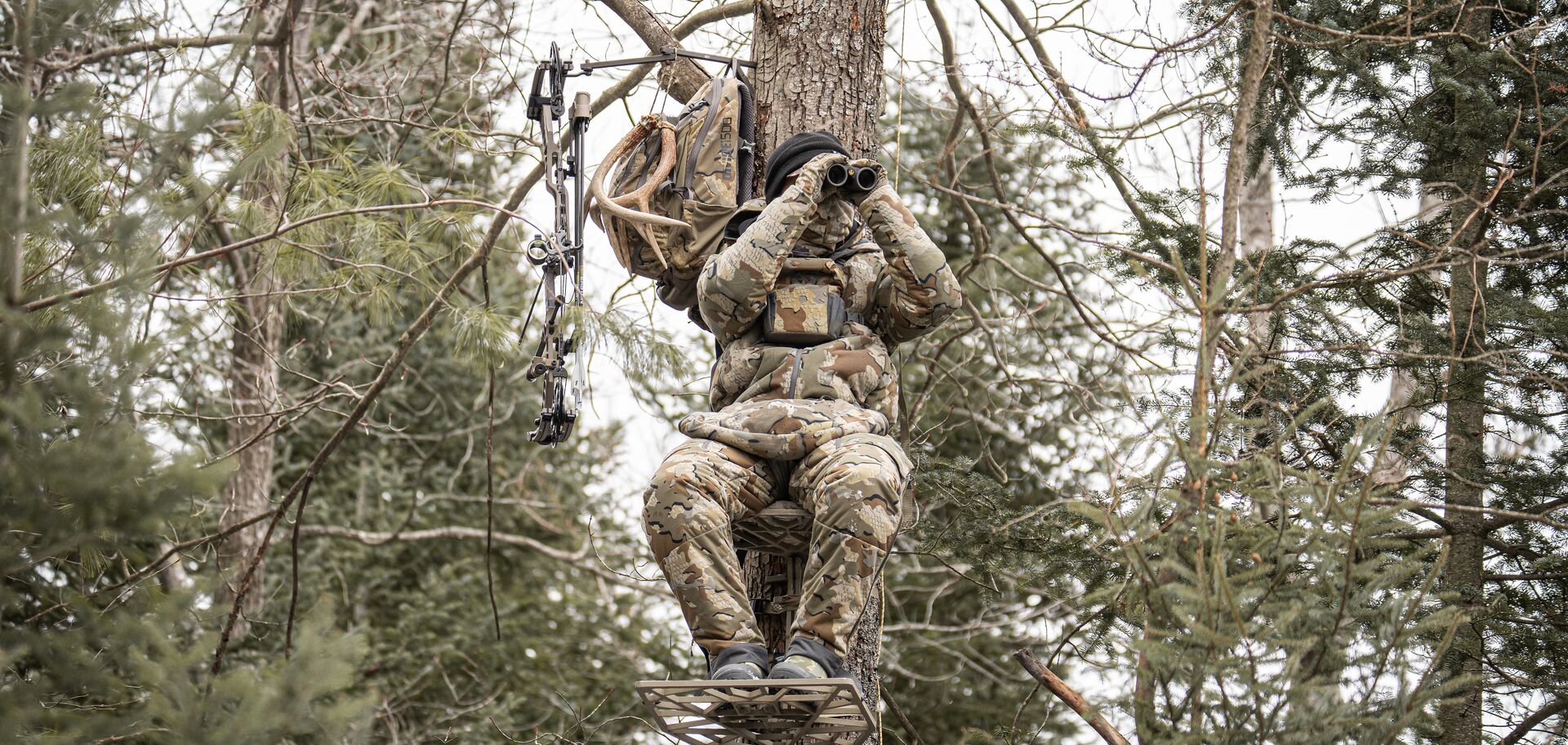 Hunter wearing camo in tree with bow, binoculars, and gear.