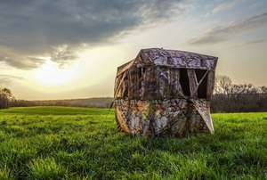 Hunting blind staked down in a field, ground blind hunting strategies concept.