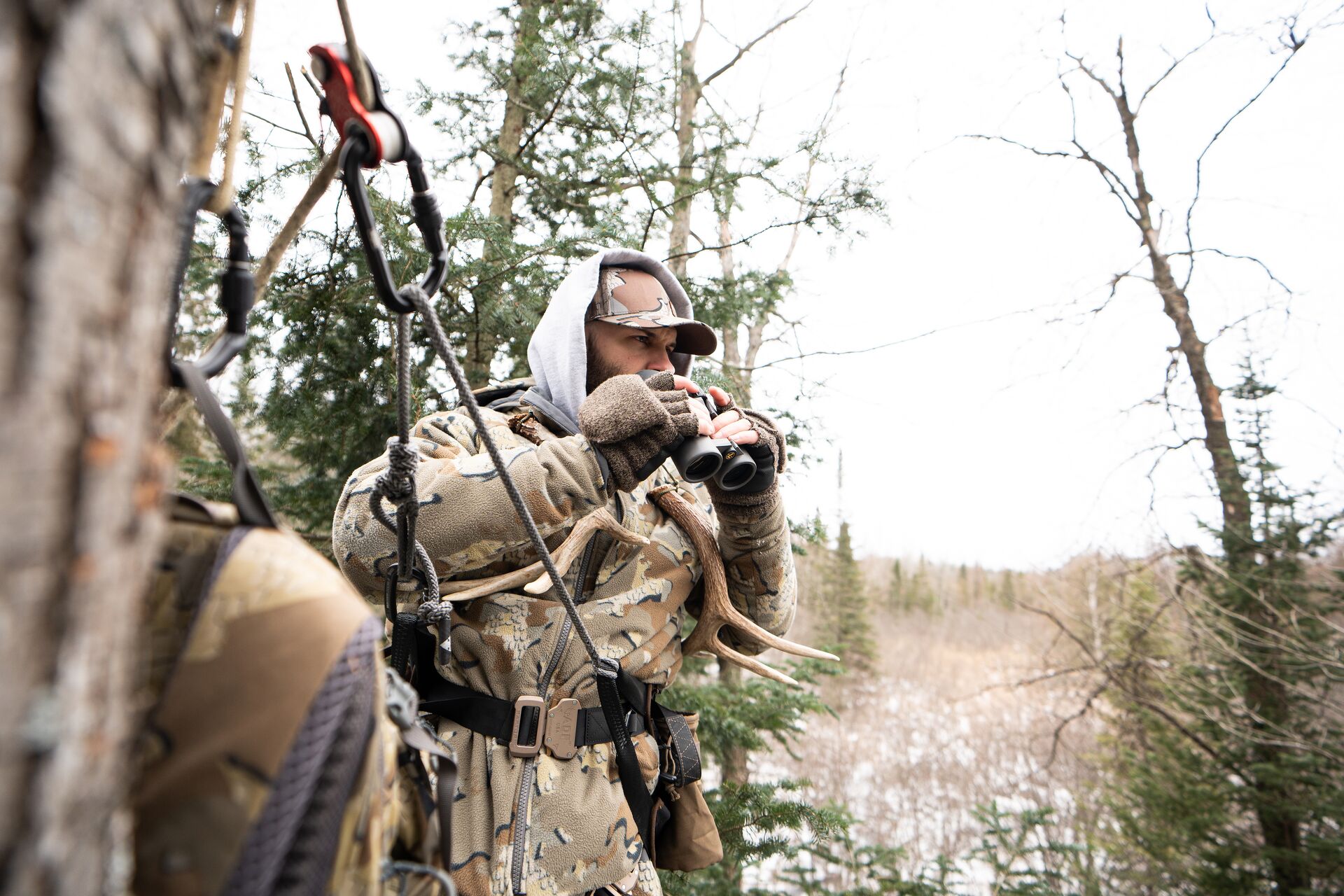 Hunter in tree in cold gear, hunt around the hunting forecast concept. 