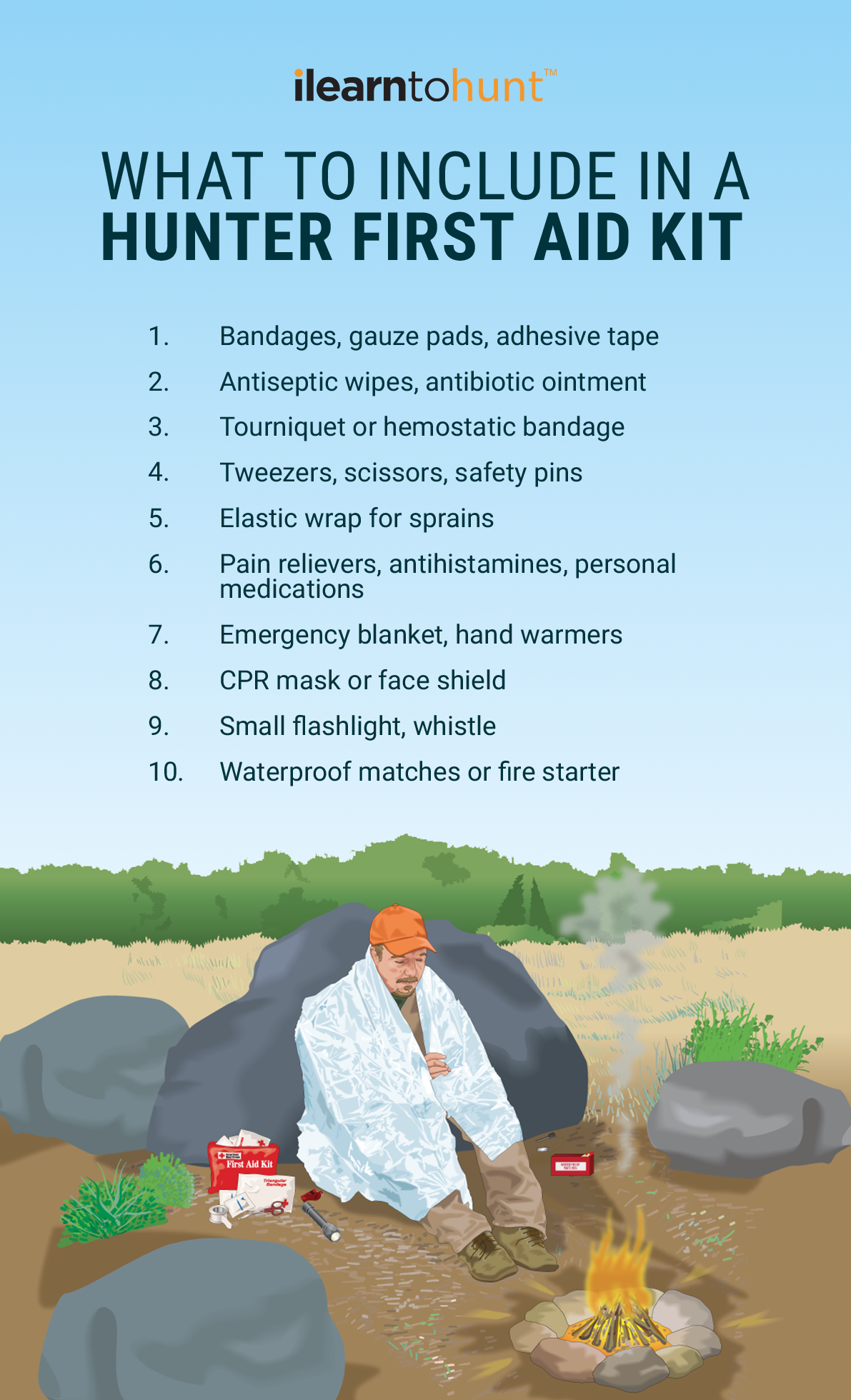 Infographic showing what to include in a hunter first aid kit.
